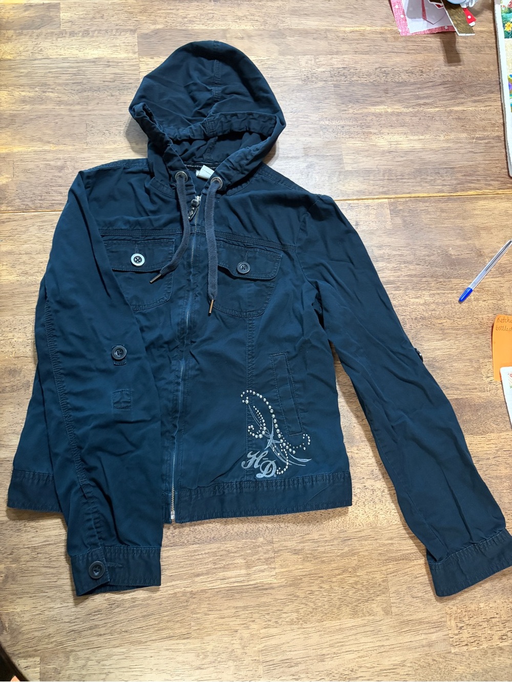 Harley-Davidson Navy Hooded Utility Jacket with Rhinestone Accent